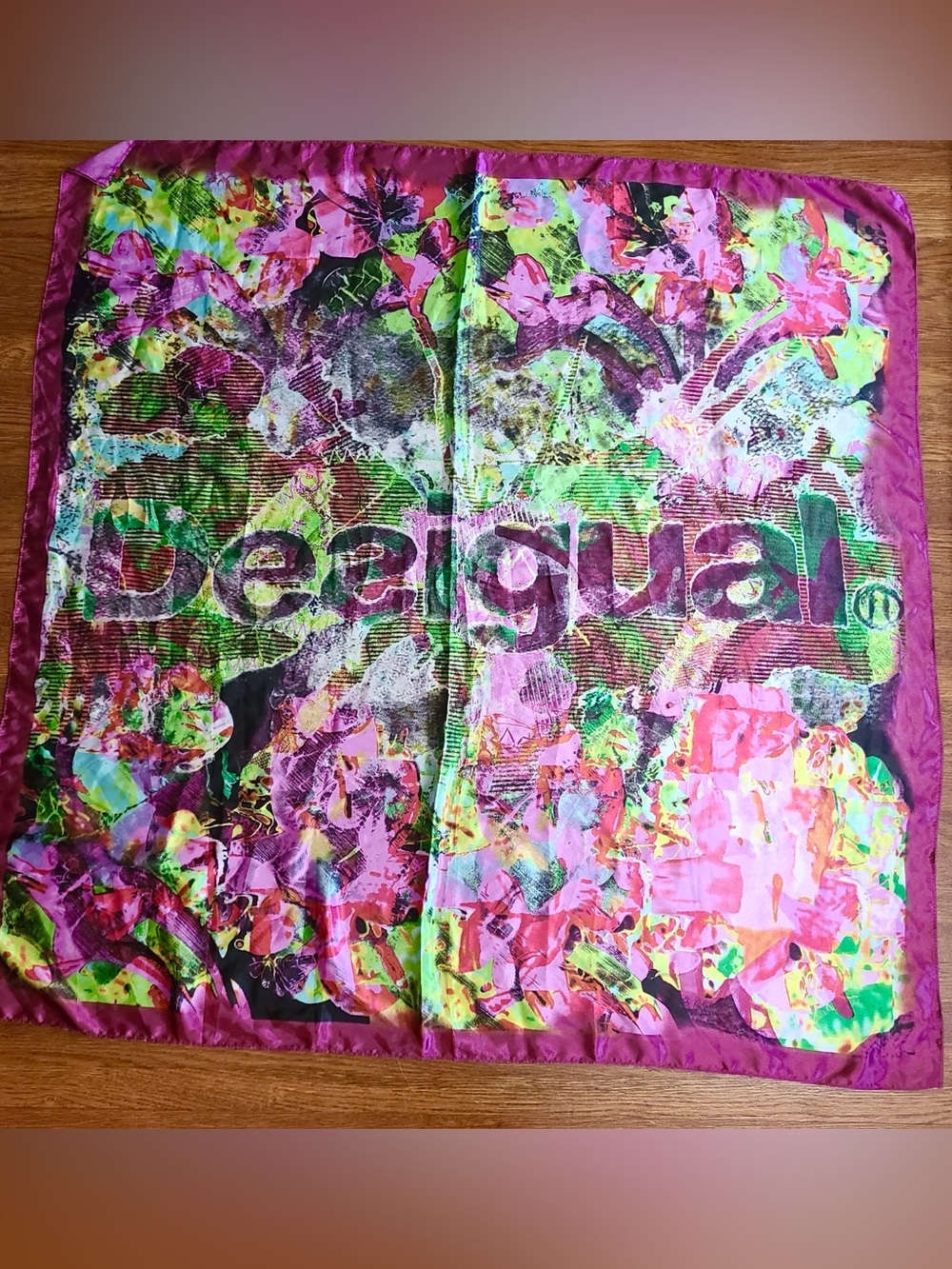 Desigual large scarf magenta pink purple spellout Art colorful 39”